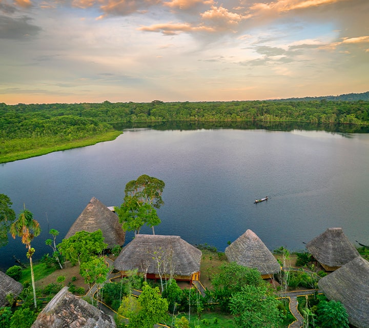 Aerial view of an Amazonian lodge in Ecuador's rainforest