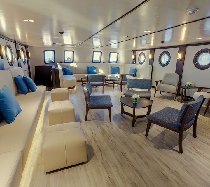 Spacious common areas and lounges aboard Evolution Yacht in the Galapagos