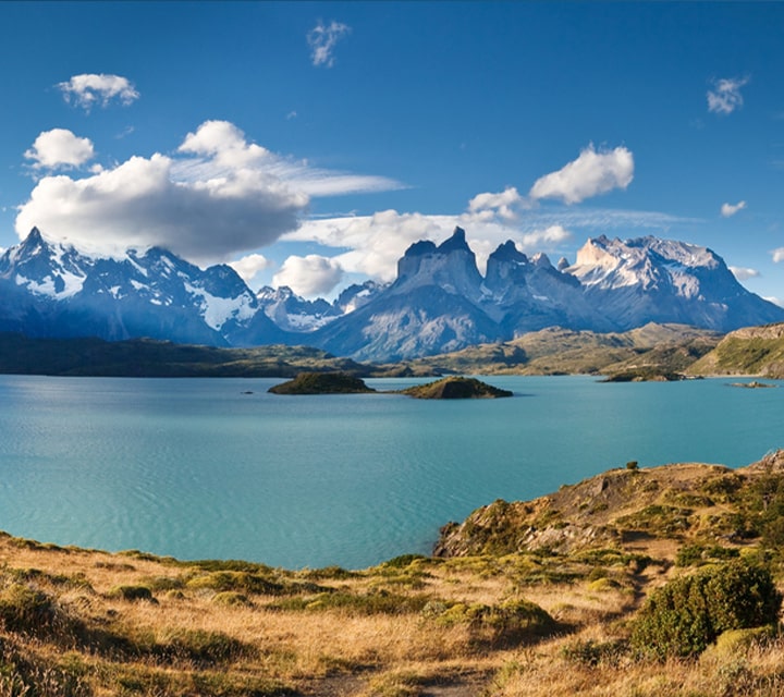 Beautiful clear blue sky day in Torres del Paine National Park, Chile