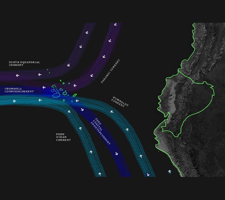 A map outlining the humboldt current from Ecuador to Galapagos Islands in the Pacific Ocean