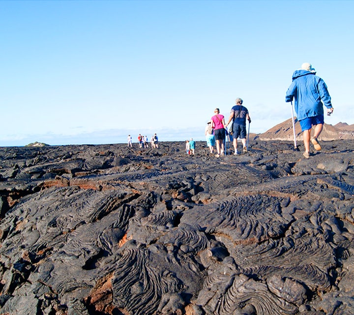 Small group of Galapagos cruise travelers taking the scenic lava field day trip