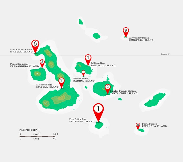 Galapagos Islands map with 9 top places to visit pinned