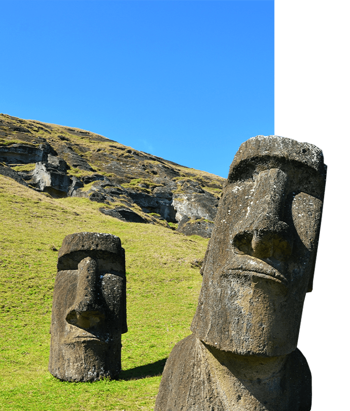 Carved Easter Island Heads in Chile, known as Moai, a UNESCO World Heritage Site