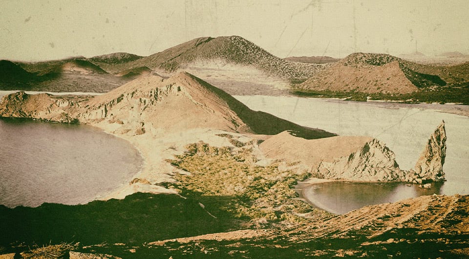 An aged image of Bartolomé Island in the Galapagos