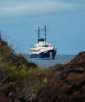 Evolution Yacht anchored at a distance, view from the lush Galapagos shoreline Evolution Yacht seen from greenery shores of the Galapagos