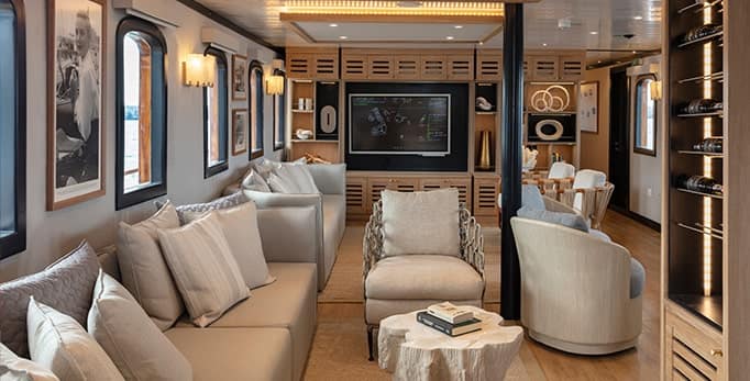 Remodeled saloon of the Grace Yacht on a Galapagos cruise