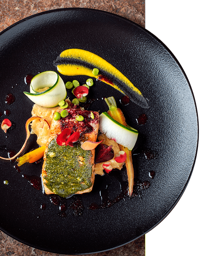 Grilled Salmon in an Andean herb pesto sauce