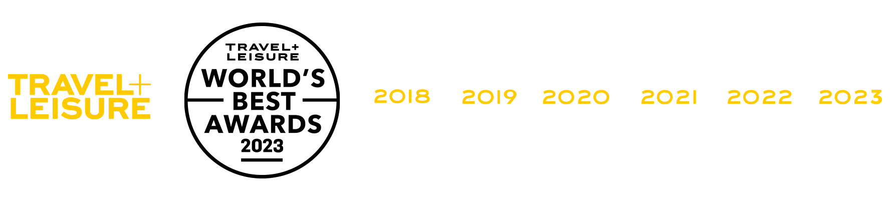 Travel+Leisure World's Best Awards badge showing 2018, 2019, 2020, 2021, 2022 & 2023