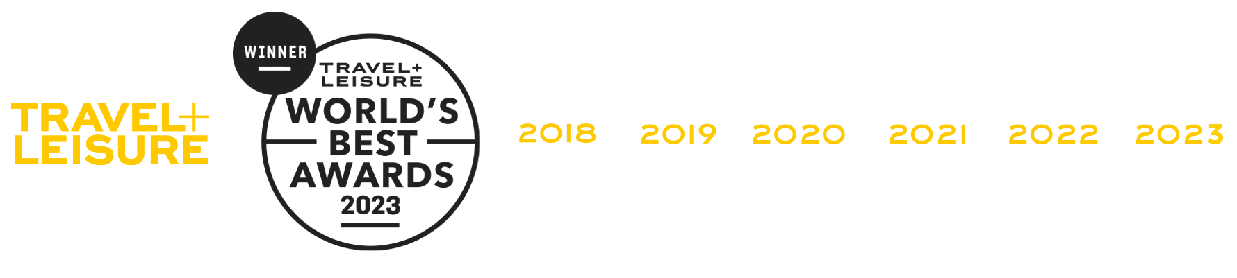Travel+Leisure World's Best Awards badge showing 2018, 2019, 2020, 2021, 2022 & 2023