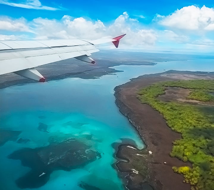 Airplane flying over the Galapagos