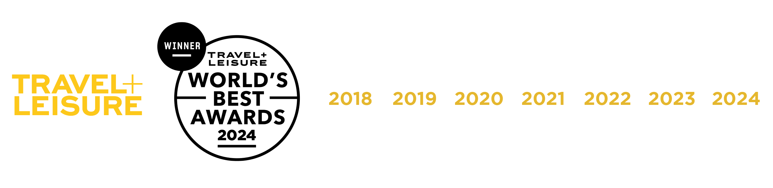 Travel+Leisure World's Best Awards badge showing 2018, 2019, 2020, 2021, 2022, 2023, & 2024